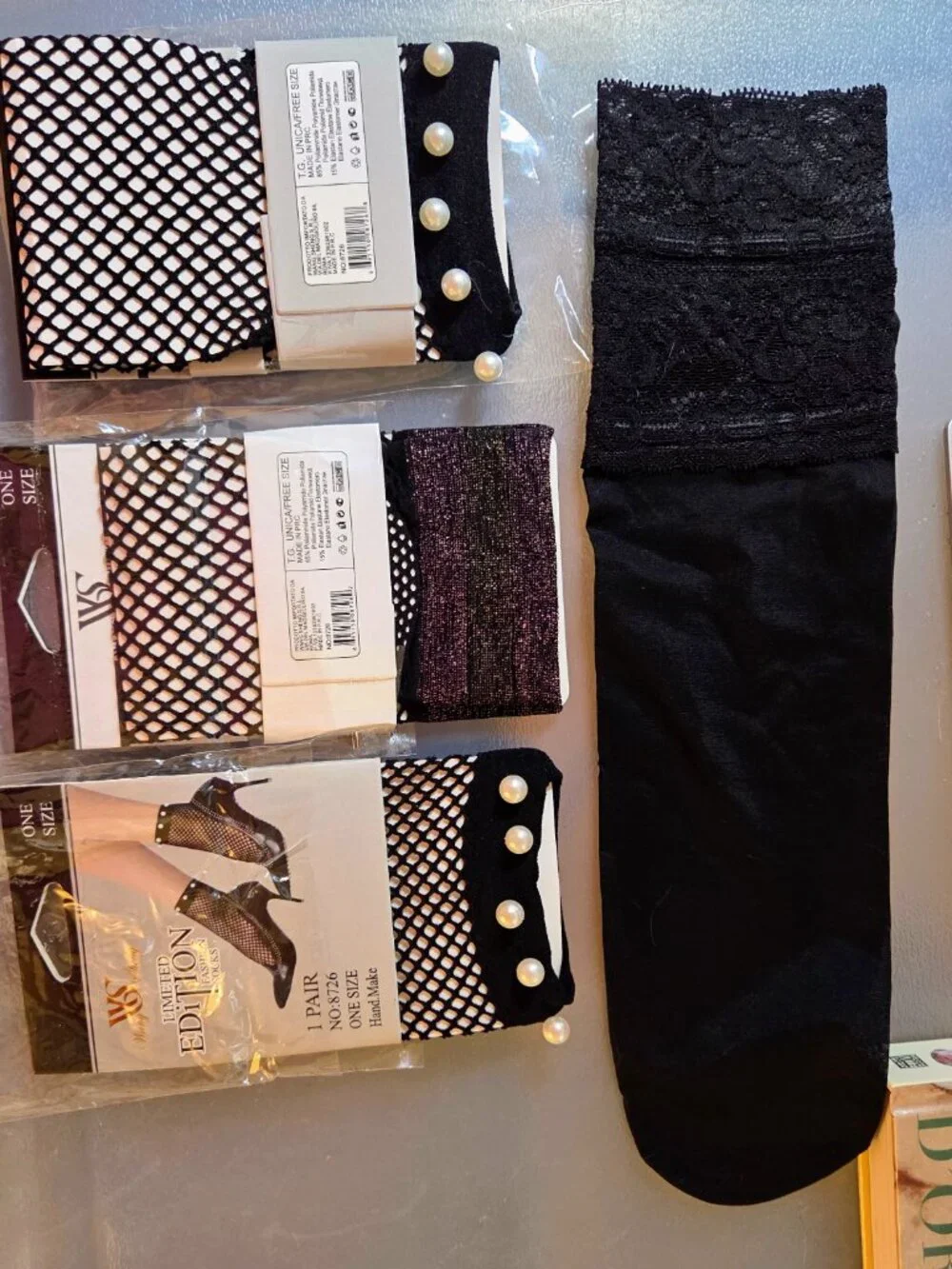 x4: Wang Shang Socks from France Black Fishnet Pearls + Purple Lurex + Lace